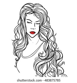 hand drawn ink doodle womans face and flowing hair on white background. design for adults, poster, print, t-shirt, invitation, banners, flyers. vector eps 8.