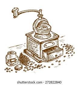 Hand drawn Ink Drawing of a classical coffee grinder. Isolated Editable EPS10 