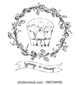 Hand drawn ink easter greeting card. Willow branch and leaves wreath with easter cake. Spring easter hand lettering. 