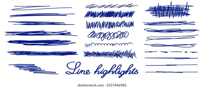 Hand drawn ink elements. Blue marker vector lines on white background - original image