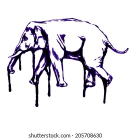 hand drawn ink elephant vector silhouette with paint flow isolated on white background