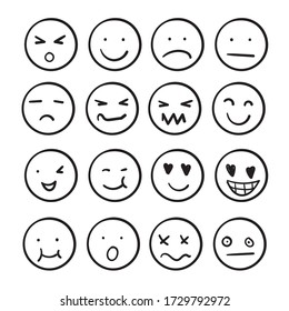 Hand Drawn Ink Emojis Faces. Doodle Emoticons Sketch, Ink Brush Icons Of Happy Sad Face. Cartoon Art