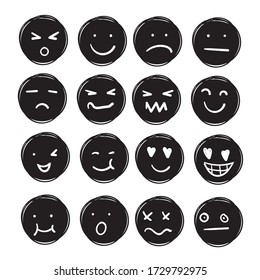 Hand drawn ink emojis faces. Doodle emoticons sketch, ink brush icons of happy sad face. cartoon art