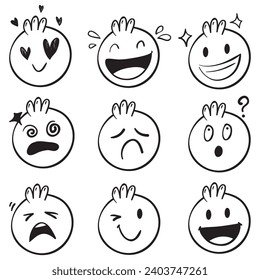 Rostros de emojis dibujados a mano. Esbozo de emoticones de Doodle, iconos de pincel de tinta de cara triste feliz. arte de caricatura