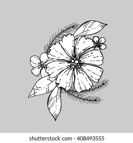 hand drawn ink floral ornament with flowers cosmos. vector eps 10