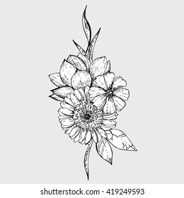 hand drawn ink floral ornament with flowers cosmos, gebera, lotus. vector eps 10