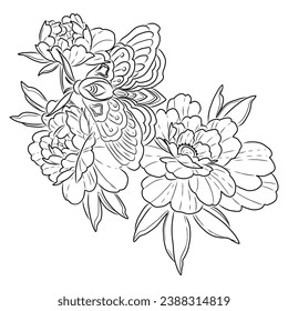 hand drawn ink floral outline peony moth butterfly