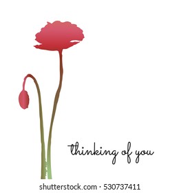 a hand drawn ink flower for a minimalistic square greeting card; thinking of you; vector illustration; graphic art; with red poppies