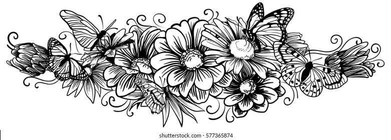 Hand drawn ink flower vignette