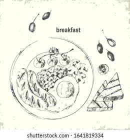 Hand drawn ink food illustration. English breakfast with fried egg, sausages, beans, mushrooms, tomatoes, toast, wafles.