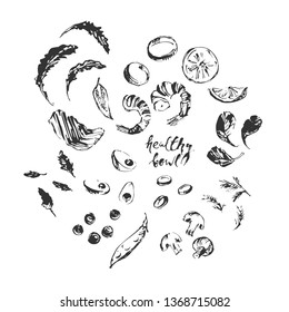 Hand drawn ink food sketch. Drawings of arugula leaves, spinach, mushrooms, peas, lemon slices, egg, basil, salmon, prawns, onion rings, chili pepper, dill. Ingredients for asian cuisine soup dish.