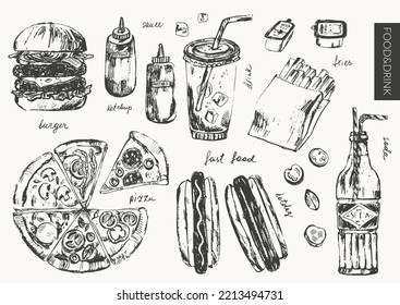 Hand drawn ink food sketches. Hot dog, burger, french fries, pizza slice, soda drink, sauce. Fast food menu design background.