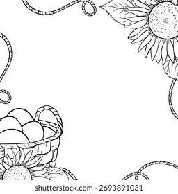 Handgezeichneter Tintenrahmen mit Seilen, Sonnenblume, Eier in gewebtem Korb, Landschaftsgrafik. Weiche rustikale Illustration perfekt für Öko-Produkte Verpackung, Bauernhof-Projekte oder Landschaft Einladung.