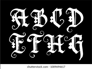 Hand drawn ink gothic style lettering alphabet. Typographic decorative font.Letters A,B,C,D,E,F,G,H on a black font