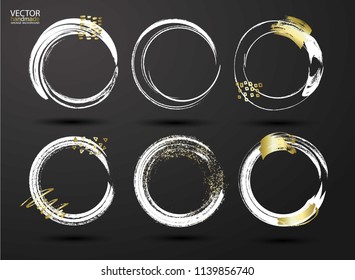 Hand drawn ink grunge circles set. Design elements round frames. White shapes circles with gold strokes, dry brush strokes. Grunge style, vector background. Logo design element.