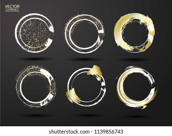 Hand drawn ink grunge circles set. Design elements round frames. White shapes circles with gold strokes, dry brush strokes. Grunge style, vector background. Logo design element