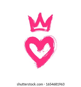 Hand drawn in ink heart and crown. Grunge style vector sketch, illustration. Graffiti logo painted with rough brush strokes.