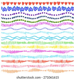 Hand drawn ink highlighter mark seamless borders pattern, line border,heart   elements,stroke,point set.Colored Doodle decor.Design template, invitations, holiday baby design.Vector texture background