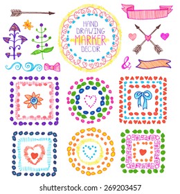 Hand drawn ink highlighter marks frames,wreath, heart ,floral decor,arrow set.Colored Doodle decor.For design template,wedding, invitations, holiday, Valentine day,baby design.Love Vector