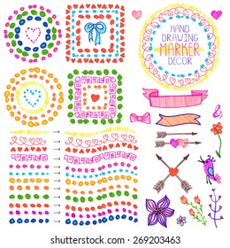 Hand drawn ink highlighter marks brushes,wreath, line border,heart ,floral set,arrow,bird.Colored Doodle decor.For design template, invitations, holiday, Valentine day,baby design.Love Vector
