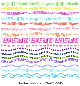 Hand drawn ink highlighter marks seamless borders pattern, line border,heart ,stroke,point set.Colored Doodle decor.For design template, invitations, holiday baby design. Vector texture background