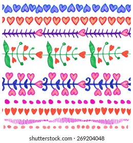 Hand drawn ink highlighter marks seamless borders pattern,line ,heart ,floral  elements,stroke,point set.Colored Doodle decor.Design template,invitations,holiday baby design.Vector texture background