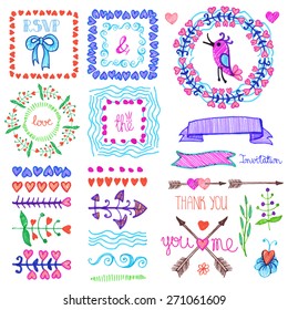 Hand drawn ink highlighter marks brushes,frames,wreath, heart ,floral decor,bird ,arrow set.Colored Doodle decor.Design template,wedding, invitations, holiday, Valentine day,baby design. Vector crayon