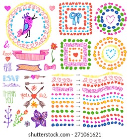 Hand drawn ink highlighter marks brushes,frames,wreath, heart ,floral decor,bird ,arrow set.Colored Doodle decor.Design template,wedding, invitations, holiday, Valentine day,baby design. Vector crayon