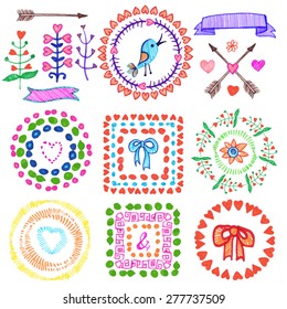 Hand drawn ink highlighter marks frames,wreath, heart ,floral decor,bird,arrow set.Colored Doodle decor.For design template,wedding, invitations, holiday, Valentine day,baby design. Vector crayon