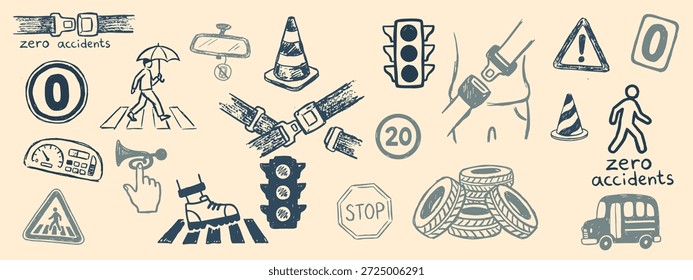 Handgezeichnete Freihandsymbole, die auf warmbeigem Hintergrund präsentiert werden, zeigen Straßenverkehrssicherheitssymbole für Beschilderung, Lehrmaterial und redaktionelle Layouts; informativ