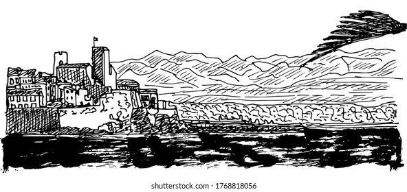 hand drawn ink illustration of Antibes : city ramparts and the sea side, with mountains in the background and a palm tree leaf on the right - black and white illustration