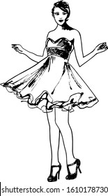 hand drawn ink illustration of a beautiful young woman dancing in a fancy cocktail dress isolated in a white background