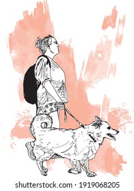 Hand Drawn Ink Illustration Of A Big Woman Walking Her Cute Fluffy Dog, In A Pink Orange Grunge Background - She Is Dressed In Summer Clothes (flower Shorts And Tshirt) And Carrying A Black Backpack