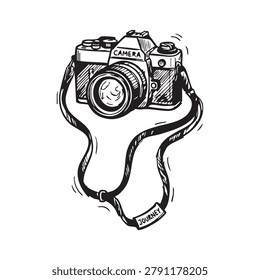 Hand drawn ink illustration of camera with neck strap. Features professional photography gear for travel and documentation.