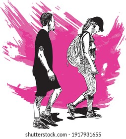 hand drawn ink illustration of a couple walking, dressed in summer clothes, in a pink colorful background - man has a black tshirt and black shorts, woman has a black cap and a backpack