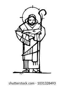 Hand drawn ink illustration or drawing of Jesus Christ Good Shepherd