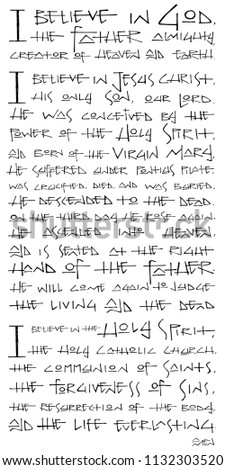 Hand drawn ink illustration or drawing of the religious Christian Apostles Creed