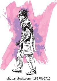 hand drawn ink illustration of an elderly woman, walking in a purple and pink grunge background - she is wearing a large cardigan and comfortable shoes and also glasses