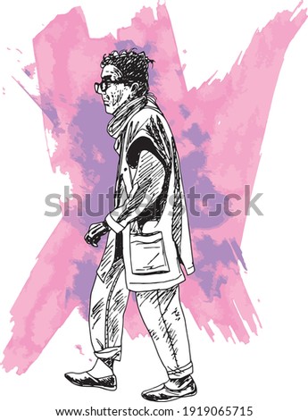 hand drawn ink illustration of an elderly woman, walking in a purple and pink grunge background - she is wearing a large cardigan and comfortable shoes and also glasses
