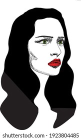 ilustración manuscrita del retrato facial de una joven caucásica, mujer o niña con largo pelo ondulado negro, ojos verdes y lápiz labial rojo, aislada en un fondo blanco