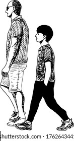 hand drawn ink illustration of a father and his son, walking, wearing tshirts, shorts, trousers and sneakers, isolated in a white background