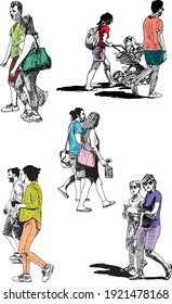 hand drawn ink illustration of five walking couples, wearing summer clothes, holding bags and objects in their hands, one has a baby stroller, they have t shirts, shorts and summer shoes