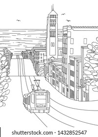 Hand drawn ink illustration of Inner Sunset in San Francisco, with St. Anne's church and a cable car