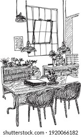 hand drawn ink illustration of an interior, a living room with tables and chairs, suspended lamps from the ceiling, a large window in the back, shelves and various potted plants on them