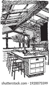 hand drawn ink illustration of a kitchen with a center island, high chairs, suspended lamps, visible beams on the ceiling, a sink, kitchen furniture, shelves, large windows, an oven, objects