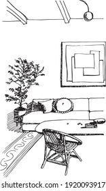 hand drawn ink illustration of a living room, interior, with a sofa or couch, design pillows, a painting on the wall, a suspended lamp on the ceiling, a wicker chair, a potted plant, a coffee table