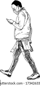 Hand Drawn Ink Illustration Of A Masked Walker/townspeople On A White Background Holding A Smartphone