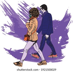 hand drawn ink illustration of a masked walking couple (profile), wearing winter clothes, woman is carrying an orange purse or handbag, in a purple grunge background