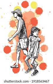 hand drawn ink illustration of a mother and her daughter walking, wearing caps and summer clothes, in a grunge colorful background (orange, red and yellow)