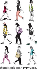 hand drawn ink illustration of nine urban women walking, colored and isolated in a white background, they are wearing summer clothes and urban shoes, also various bags, purses and a backpack
